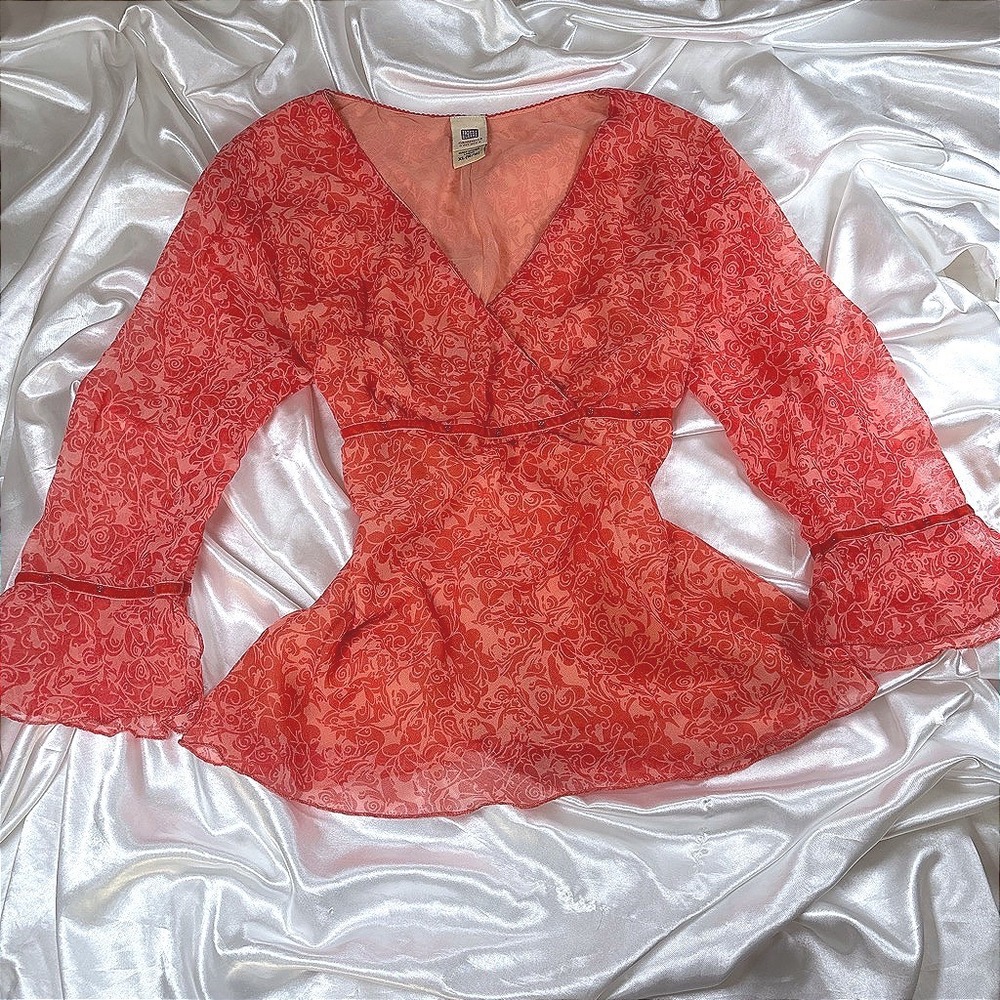 y2k Blouse Red Excellent Faded Glory Floral Sheer Bell Sleeve Velvet Trim XL